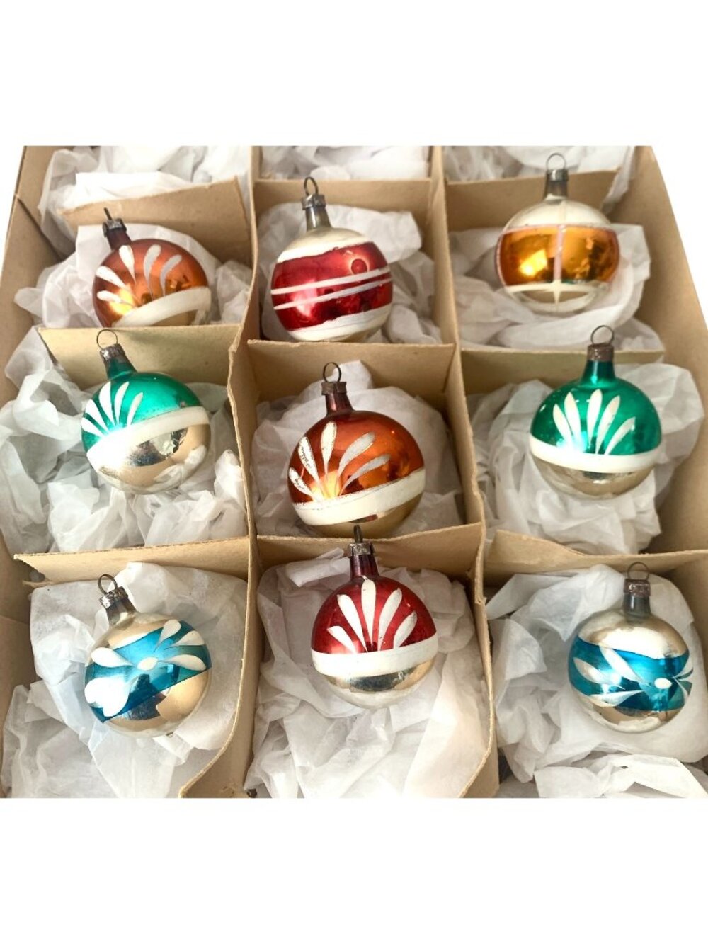 9 Vintage Small Mercury Glass Christmas Ornaments Hand Painted 1930's